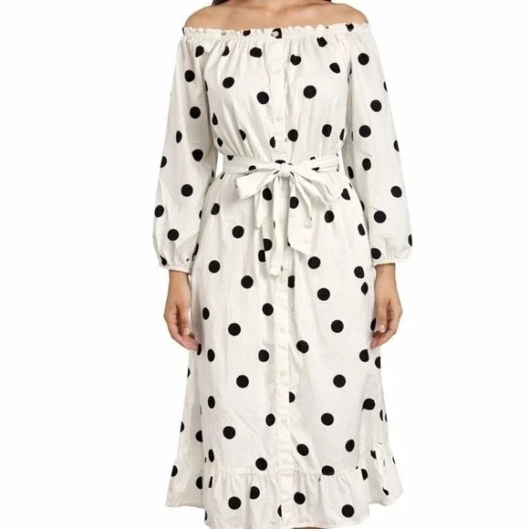 Who What Wear Polka Dot Midi Dress XS Off Shoulder Belted White Black Button Up - Picture 1 of 4
